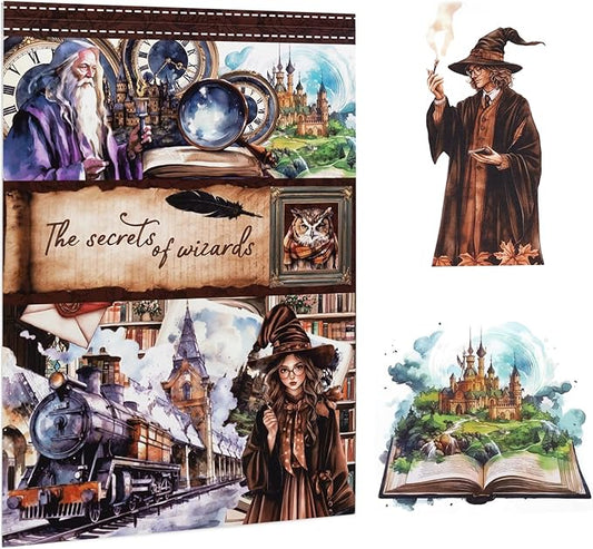 Pre-Cut Magic Sticker Book for Junk Journal, 20 Sheets Wizard Sticker Vintage Ephemera PET Washi Paper Materials for Scrapbooking, Journaling, Collage