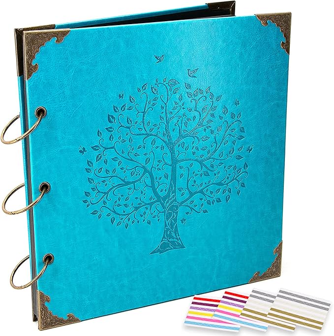 ADVcer Photo Album DIY Scrapbook, 10x10 inch 50 Pages Vintage Leather Cover Three-Ring Binder Picture Booth Albums + 9 Colors 408pcs Self Adhesive Photos Corners for Memory Keep (Family Tree, Cyan)