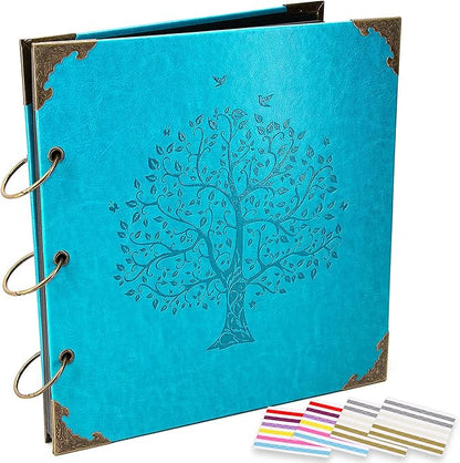 ADVcer Photo Album DIY Scrapbook, 10x10 inch 50 Pages Vintage Leather Cover Three-Ring Binder Picture Booth Albums + 9 Colors 408pcs Self Adhesive Photos Corners for Memory Keep (Family Tree, Cyan)