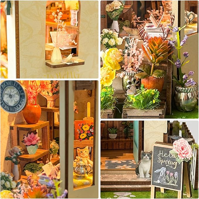 Foyucool DIY Book Nook Kit, Miniature Bookshelf Decor with LED Lights, Laser-Cut Wooden Craft Set for Adults, Creative Gift for Christmas, Birthday, Spring Island