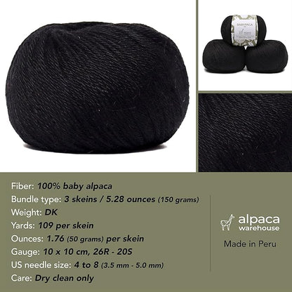 100% Baby Alpaca Yarn Wool Set of 3 Skeins (150 Grams) DK Weight - Made in Peru - Heavenly Soft and Perfect for Knitting and Crocheting (Black, DK)