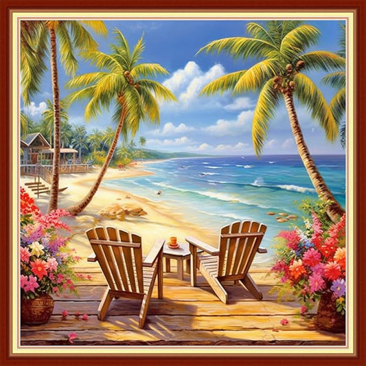 Dooxvey Cross Stitch Kits for Adults Stamped Full Range of Embroidery Starter Kits for Beginners 11CT Printed Cross Stitch Patterns Needlepoint Kits Stamped Crossstitch-Seaside Rest 18x18 inch
