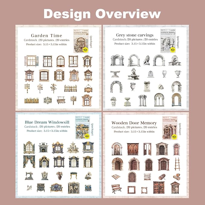 AuriicLeaf Retro Door and Window Cardstock Stickers, 80PCS Vintage Manor Ephemera for Scrapbooking, Journaling, DIY Crafts, and Planner Supplies