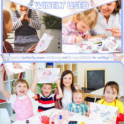 TaoBary 160 Pcs Stationery Paper Set 50 Double Sided Stationery Papers with 50 Matching Envelopes and 60 Round Dot Sticker, 10 Design(Watercolor Butterfly,8.5 x 11 Inch)