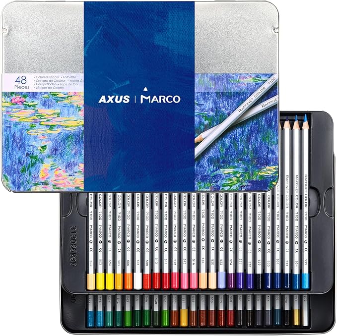 AXUS MARCO Oil-Based Colored Pencils Sets For Adults Colour Pencils in Iron Box Ideal for Sketching, Illustrations, Doodling & Design Great for Art Lovers & Pros. (RAFFINÉ 7100 Series-48 Colors)