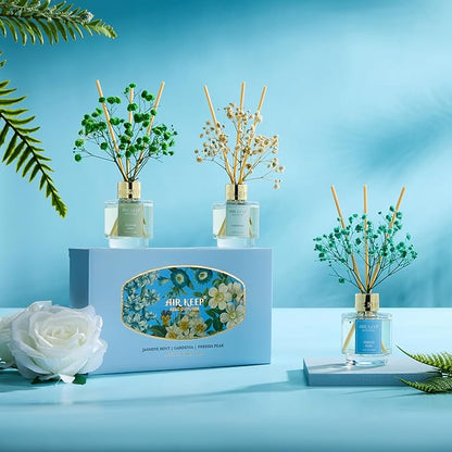 Airkeep Reed Diffuser Set of 3, Jasmine Mint Gardenia Freesia Pear Oil Reed Diffusers for Bedroom Living Room Office Aromatherapy Oil Reed Diffuser for Gift 50ml x 3