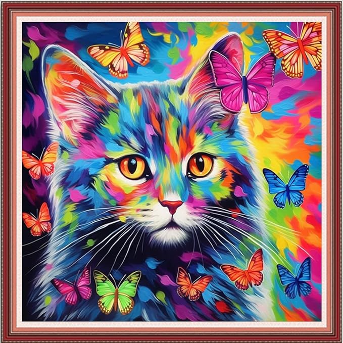 DMCVIVR Stamped Cross Stitch Kits for Beginners Adults Needlepoint Kits for Beginners Embroidery Kits for Adults Crossstitch Kit for Beginners 11CT-Colorful Cat 18x18 inch
