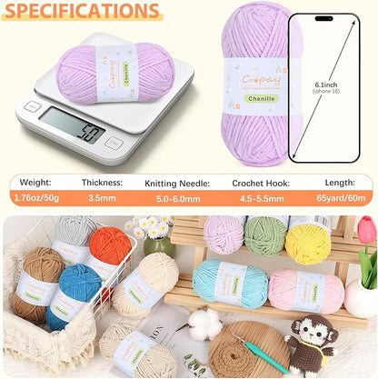 Coopay Chenille Yarn for Crocheting/Knitting, 8 Pack Medium Worsted Weight Yarn of 50g/1.76oz - Total 520yd, Soft Velvet Crochet Yarns for Plush Toys, Baby Blankets, Scarves (Purple)