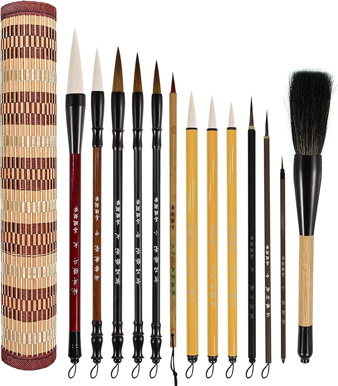 Corciosy 13PCS Chinese Calligraphy Brush Set, Writing Brush with Bamboo Storage Scoll, Japanese or Chinese Kanji Sumi-E Drawing Watercolor Brush
