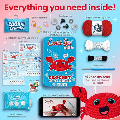 Cookie Box Crochet Kit for Beginners – Gift Set to Make Crab Eugene Amigurumi Plushie – Easy DIY Crochet & Knitting Starter Kit with Printed Instructions & Step-by-Step Video Tutorial