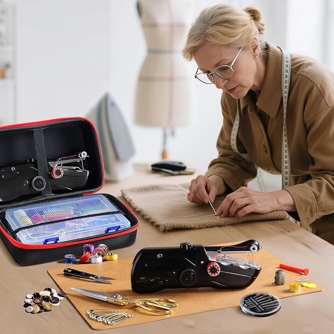 Handheld Sewing Machine with Black Storage Case and 109-Piece Sewing Kit, Mini Portable Cordless Hand Sewing Machine, Ideal for Adults & Beginners, Complete Set of Quick Home Clothing Repair Tools