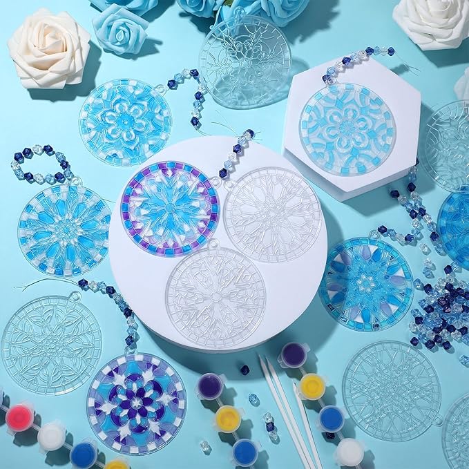 WinnerWhy 30 Sets Winter Snowflake Suncatchers Window Art Kits, DIY Sun Catchers Bulk Crafts Paint Your Own Window Ornaments for Party Birthday Activity Home Decor