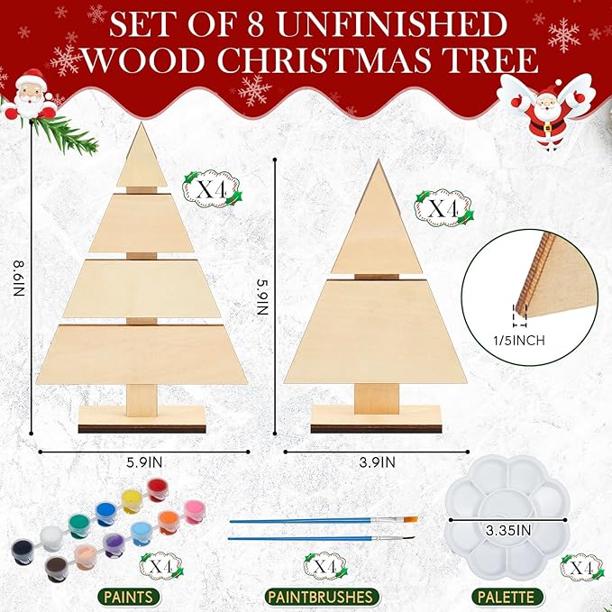 Soaoo 8 Pcs Christmas Standing Wood Pallet 8.66" x 6", 6" x 4" Christmas Tree Unfinished DIY Wooden Ornaments Kit Rustic Wooden Crafts 12 Colors Pigment Palettes and Paint Brushes