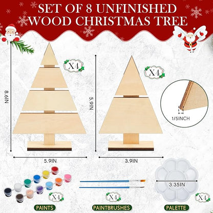 Soaoo 8 Pcs Christmas Standing Wood Pallet 8.66" x 6", 6" x 4" Christmas Tree Unfinished DIY Wooden Ornaments Kit Rustic Wooden Crafts 12 Colors Pigment Palettes and Paint Brushes
