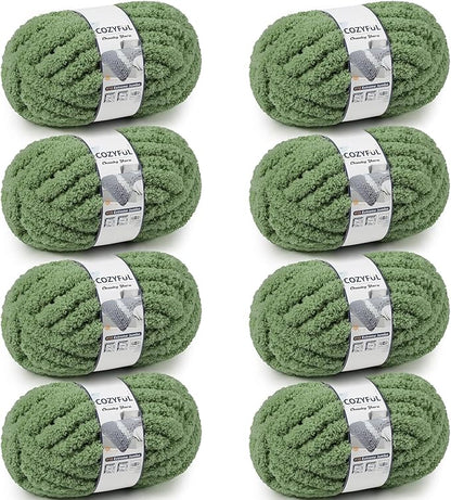 Chunky Yarn for Hand Knitting - #10 Chunky Chenille Yarn, Jumbo Big Thick Chunky Yarns for Crocheting, Super Bulky Chunky Knit Blanket Yarns, 8 Skein (25 yds 8 oz Each Skein), Smoky Green