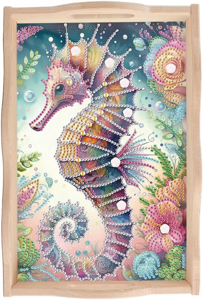 JISHSHAY Diamond Art Serving Tray Diamond Painting Food Tray Gem Art Serving Platter Gem Painting Mosaic Kits for Adults DIY Kits for Adults, with Wood Handle 20×30cm/7.87×11.81in, Sea Horse