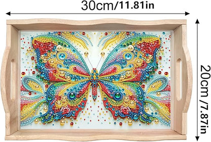 DIY Diamond Art Wooden Tray Kit, Food Tray with Handle Diamond Painted Table Decoration Tray, for Breakfast, Bar Dinner Table Diamond Dots Gem Painting Art Set for Beginners-#29-Butterfly