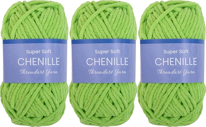 3 Pack ThreadArt Chenille Yarn for Crocheting, Knitting, Amigurumi, Super Soft Plush Velvet Yarn - 50 Gram 60 yds #5 Fluffy Yarn Skeins - Lime Green 08