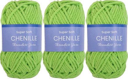 3 Pack ThreadArt Chenille Yarn for Crocheting, Knitting, Amigurumi, Super Soft Plush Velvet Yarn - 50 Gram 60 yds #5 Fluffy Yarn Skeins - Lime Green 08