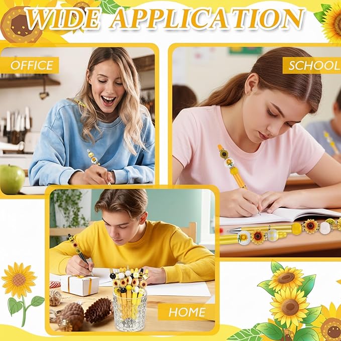 Geyee 12 Set Plastic Beadable Pens Assorted Bead Pens Crystal Wood Round Spacer Set Black Ink DIY Ballpoint for Women Men Gift Office Supplies(Sunflower)