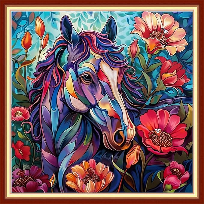 Funchey Stamped Cross Stitch Kits, DIY Cross Stitch Pattern for Adults Beginners Needlepoint Kits Embroidery Kit Arts and Crafts 11CT&Colorful Steed Flowers 18x18 inchs
