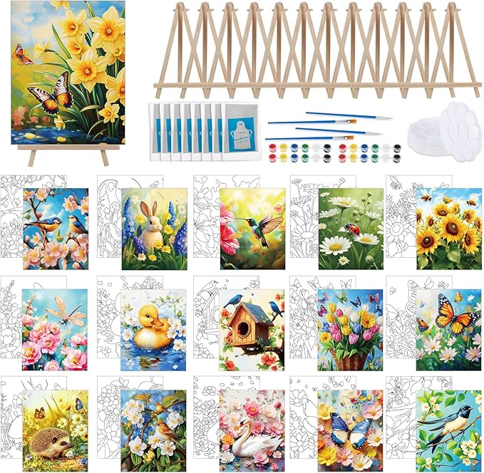 Tenceur 16 Sets Pre Drawn Canvas to Paint for Sip and Paint Party, 8 x 10 Inch Preprinted Framed Pre Sketched Coloring Canvas with Easels and Brushes for Adults Party Supplies(Garden)