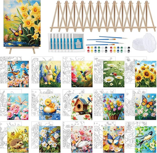 Tenceur 16 Sets Pre Drawn Canvas to Paint for Sip and Paint Party, 8 x 10 Inch Preprinted Framed Pre Sketched Coloring Canvas with Easels and Brushes for Adults Party Supplies(Garden)