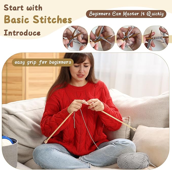 Maasechs Knitting Kit for Beginners, Learn to Knit Kit for Adults, Complete Hat, Scarf, Gloves Starter Bundle with Step-by-Step Instructions Includes Wool Yarn, Needles & Accessories (Gray)