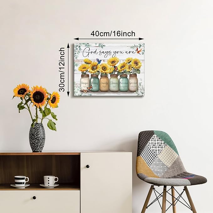 WENGTIAO Christian Sunflower Canvas Wall Art Print God Says You Are Picture Bible Verse Poster Inspirational Scripture Painting Mason Jar Flower Wall Decor Quotes Artwork for Living Room Bedroom 12x16 inch