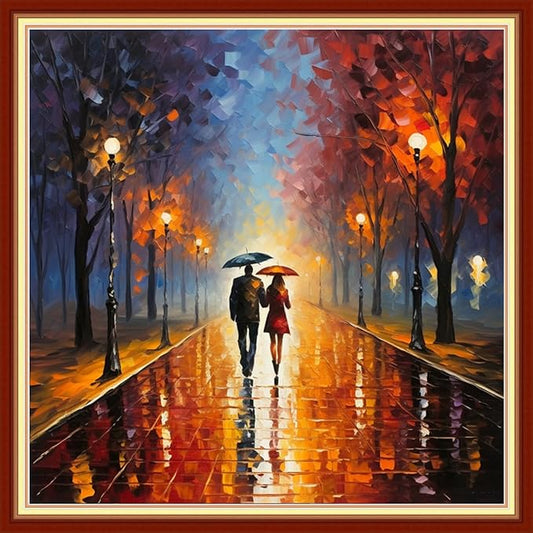 Findvoor Stamped Cross Stitch Kits for Beginner Embroidery Kits for Beginners Adults DIY 11CT Cross Stitch Patterns Needlepoint Kits Crossstitching Kits-Strolling Rainy Night 18x18 inch