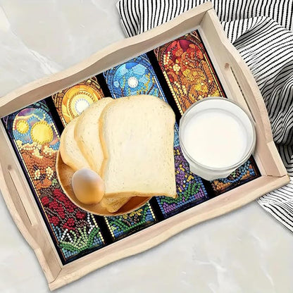 DoxQcs DIY Diamond Art Wooden Tray Kit Easter Food Tray with Handle Diamond Painted Table Decoration Tray for Breakfast Bar Dinner Table Diamond Art Painting for Beginners-#15-Four Seasons Scenery