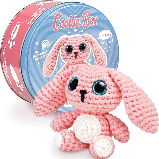 Cookie Box Crochet Kit for Beginners – Gift Set to Make Bunny Lola Amigurumi Plushie – Easy DIY Crochet & Knitting Starter Kit with Video and PDF Tutorials
