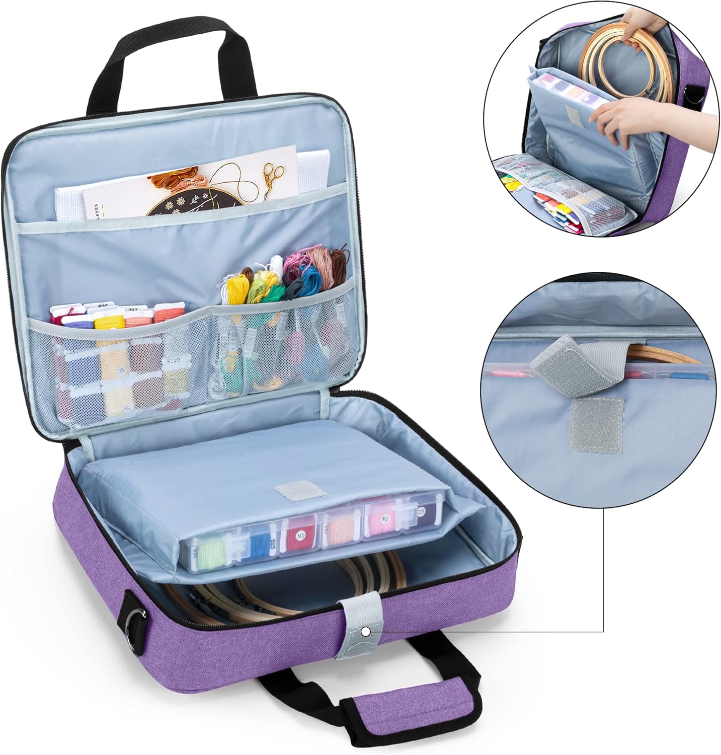 Luxja Embroidery Project Bag with Compartments & Shoulder Strap (Purple)