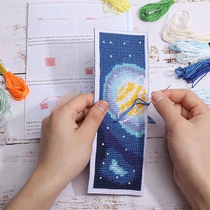 ORIGACH 6 Set Cross Stitch Bookmark Kit for Beginner Starry Sky Pattern DIY Stamped Embroidery Bookmark Kit with 20 Colors Embroidery Floss Instructions 8''x2.4''