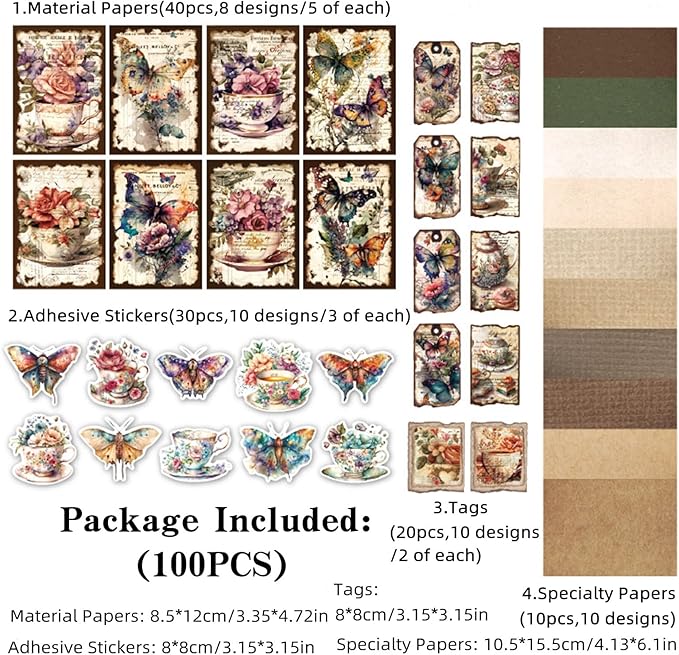 Vintage Scrapbooking Supplies Pack(100 Pieces) for Junk Journal Decoupage Paper Scrapbook Planner Sticker Aesthetic Cottagecore Collage Craft Album (04)