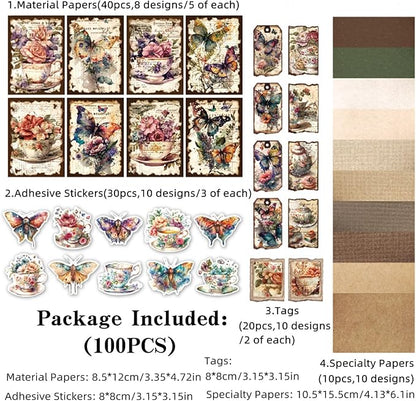 Vintage Scrapbooking Supplies Pack(100 Pieces) for Junk Journal Decoupage Paper Scrapbook Planner Sticker Aesthetic Cottagecore Collage Craft Album (04)