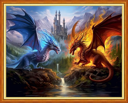Dimensean Stamped Cross Stitch Kits Full Range of Embroidery Patterns Starter Kits for Beginners Adult DIY Cross Stitches Needlepoint Kits 11CT-Water Fire Dragon 16x20 inch