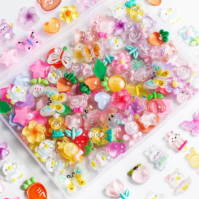 120Pcs Slime Charms Cute Set Mixed Colors Flatback Resin Charm Kawaii Embellishments for DIY Crafts Bulk Assorted Ornament Making kit Accessories for Phone Junk Cases Scrapbooking Decorations