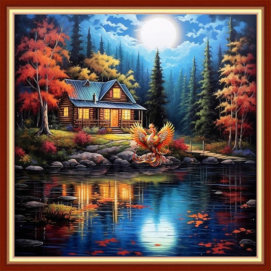 DMCVIVR Stamped Cross Stitch Kits for Beginners Adults Needlepoint Kits for Beginners Embroidery Kits for Adults Crossstitch Kit for Beginners 11CT-Night View by The Lake 18x18 inch