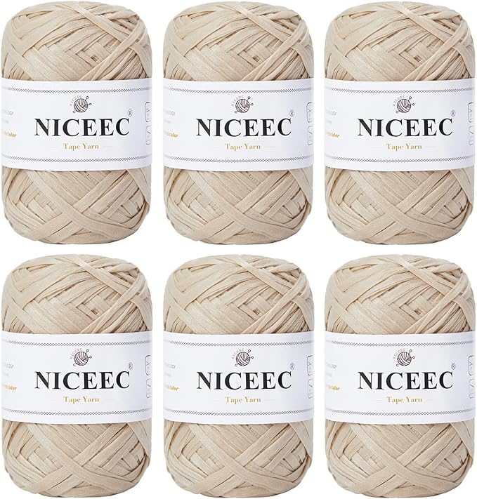 NICEEC 6 Skeins Soft Tape Yarn for Crocheting Craft Paper Yarn Easy Crochet Raffia Yarn Ribbon Yarn for DIY Craft Gift Wrapping Total Length 1.76oz×6/109yds×6-Milk Tea
