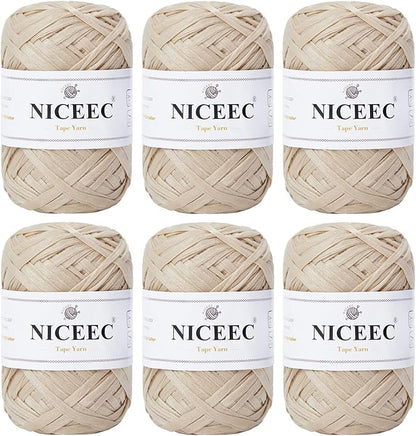 NICEEC 6 Skeins Soft Tape Yarn for Crocheting Craft Paper Yarn Easy Crochet Raffia Yarn Ribbon Yarn for DIY Craft Gift Wrapping Total Length 1.76oz×6/109yds×6-Milk Tea