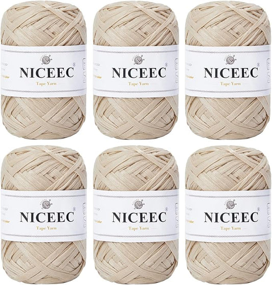 NICEEC 6 Skeins Soft Tape Yarn for Crocheting Craft Paper Yarn Easy Crochet Raffia Yarn Ribbon Yarn for DIY Craft Gift Wrapping Total Length 1.76oz×6/109yds×6-Milk Tea