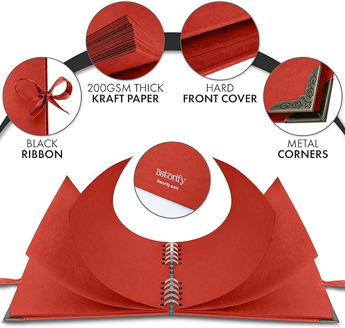 Bstorify Square Scrapbook Photo Albums 7 x 7 Inch Red Thick Paper, Hardcover, Metal Corners, Ribbon Closure - Ideal for Your Scrapbooking Albums, Art & Craft Projects