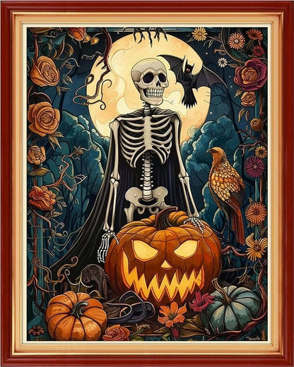Foxhool Stamped Cross Stitch Kits,11CT Printed Cross Stitch Pattern Full Embroidery Kits for Beginner Needlepoint Kits-Funny Skeleton 16x20 inch