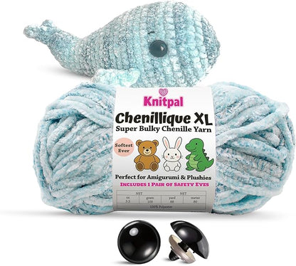Chenillique XL Super Bulky Chenille Yarn – 100g Skein (88 Yards) + Safety Eyes + Free Plushie Pattern – Plush Polyester Yarn for Amigurumi, Crochet & Knitting - Ocean Mist
