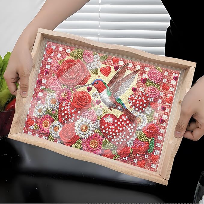 DIY Diamond Art Wooden Tray Kit, Food Tray with Handle Diamond Painted Table Decoration, for Breakfast, Bar, Dinner Table Diamond Dots Gem Painting Art Set for Beginners (#04-Love Hummingbird)
