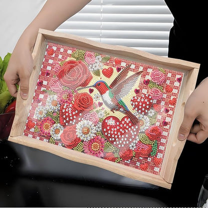 DIY Diamond Art Wooden Tray Kit, Food Tray with Handle Diamond Painted Table Decoration, for Breakfast, Bar, Dinner Table Diamond Dots Gem Painting Art Set for Beginners (#04-Love Hummingbird)