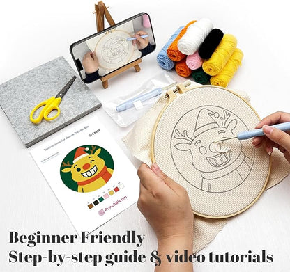 Christmas Punch Needle Kit for Adult Beginner, 2-Pack Santa & Reindeer Easy Punch Embroidery Starter Set with Instruction, Fun DIY Needle Point Craft for Home Decor & Holiday Gift Idea