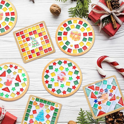 kuchisity 8 Pack DIY Glass Mosaic Tiles for Crafts, Mixed Color Mosaic Kits with Wooden Coasters Adult DIY Coasters Kit for Handmade Beverage Tray Home Christmas Decoration