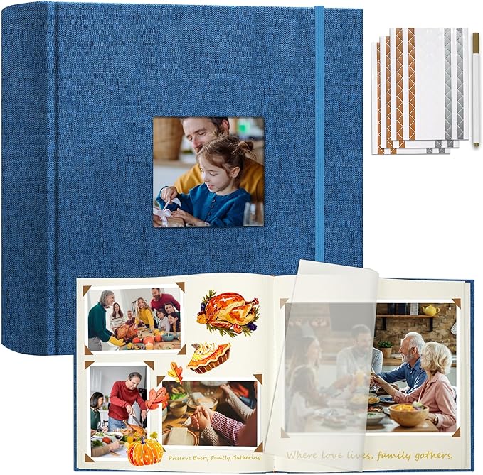 Vienrose Scrapbook Album 12" x 12", Large Linen Photo Album with Writing Space, DIY Scrapbook Supplies for Wedding, Baby, Family Memories & Travel (50 sheets / 100 pages, Navy Blue)
